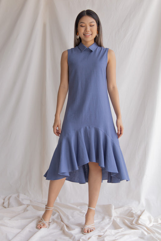Leila Dress - Blue ชุดเดรสยาว แขนกุด ชายระบาย สีน้ำเงิน